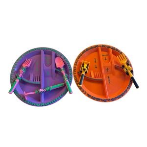 Vibrant Purple and Orange Divided Plates with Utensils